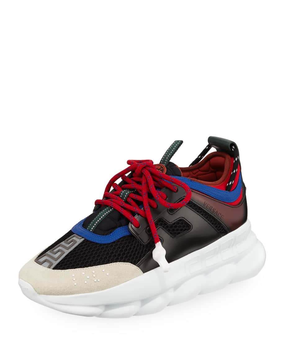 Versace Blue And Red Chain Reaction Leather Low Top Sneakers In