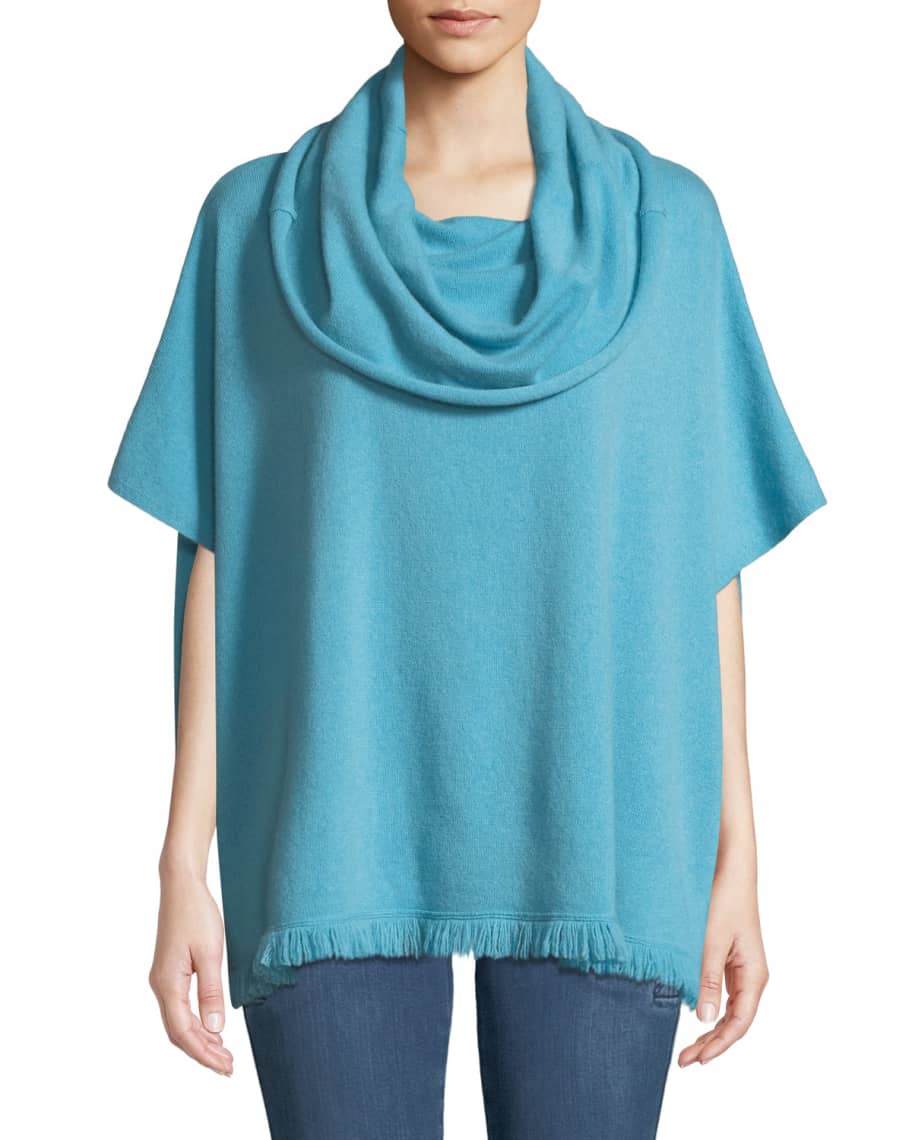 Neiman Marcus Cashmere Collection Cashmere Cowl Neck Poncho with Fringe Hem Neiman Marcus