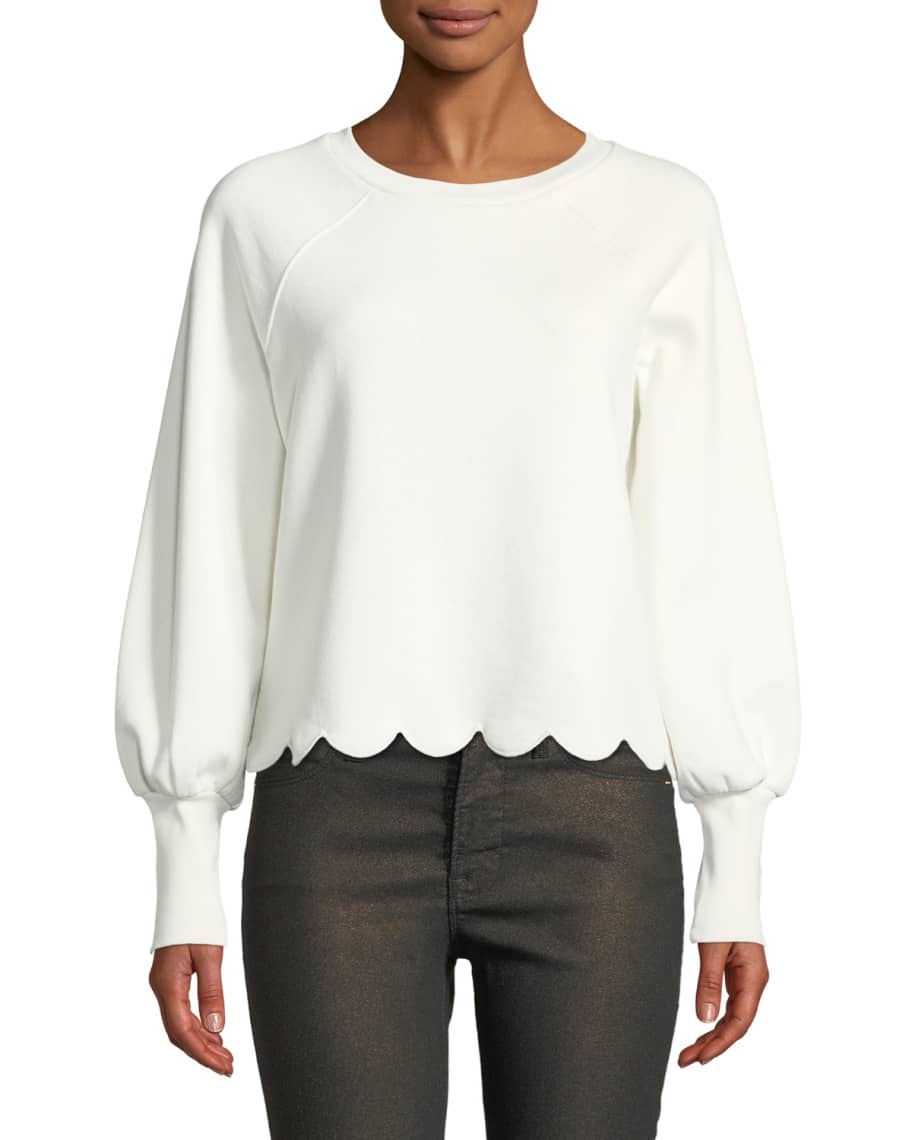 FRAME Scalloped Bishop Sleeve Crewneck Top Neiman Marcus
