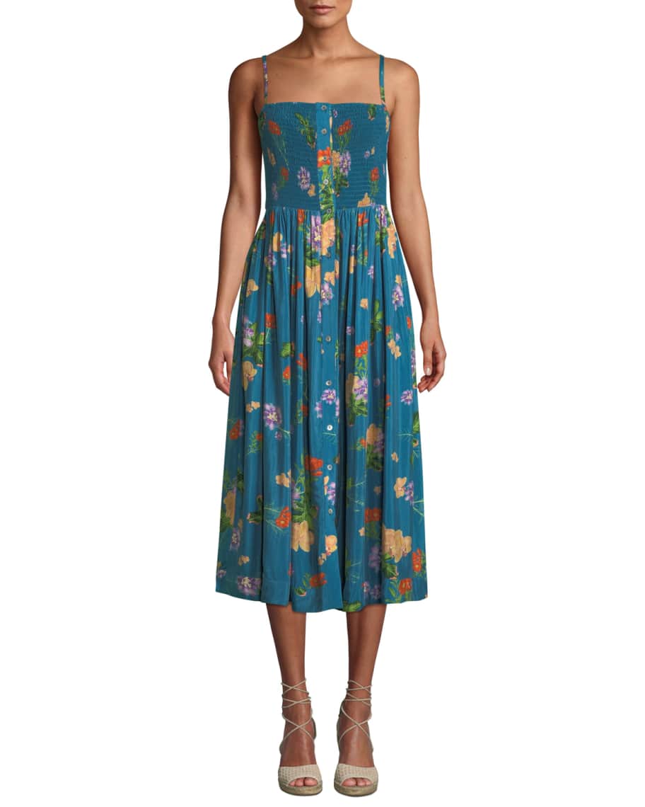 Verandah Smocked Floral-Print Coverup Midi Dress | Neiman Marcus