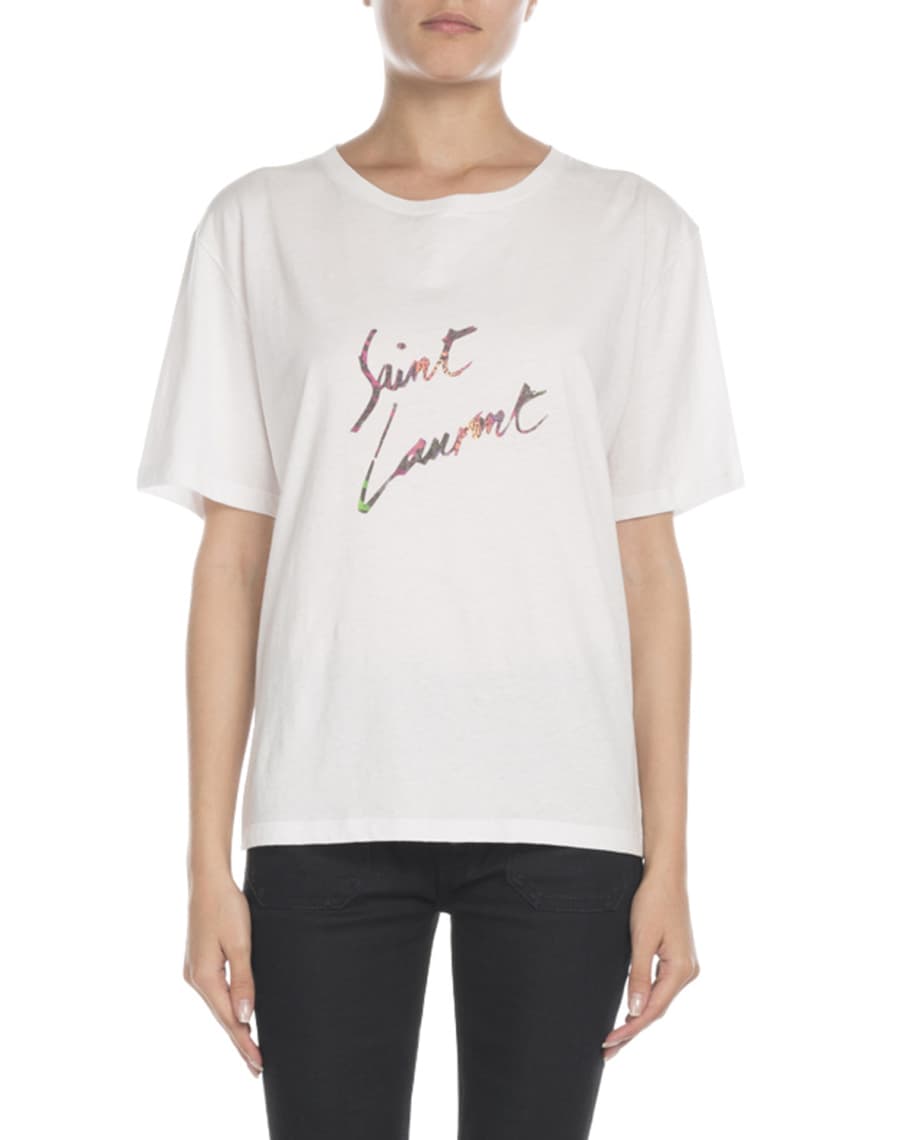 Saint Laurent Short-Sleeve Logo Wordmark Tee | Neiman Marcus