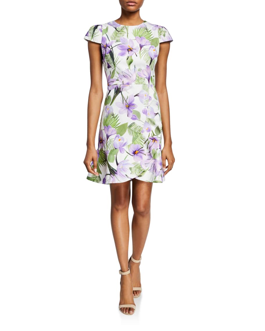 Alice + Olivia Kirby Faux-Wrap Floral Flounce Dress | Neiman Marcus