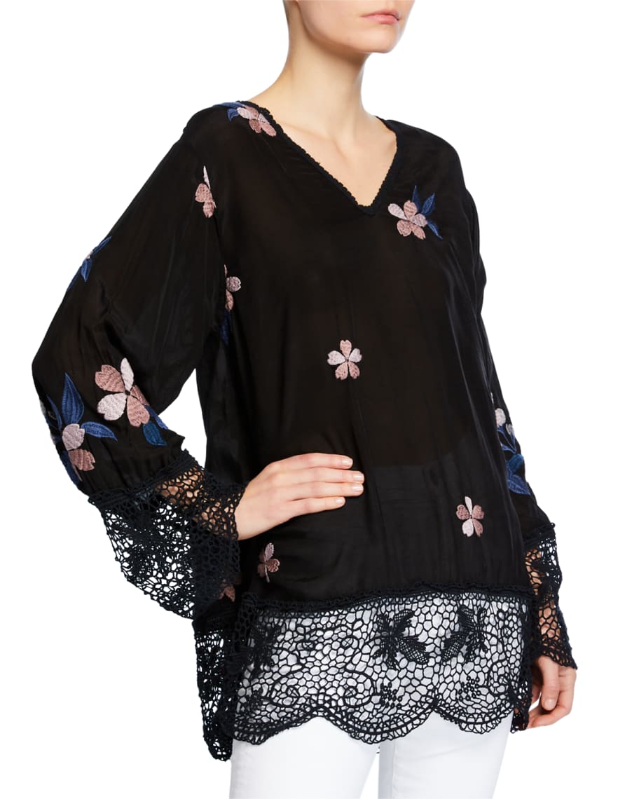 Johnny Was Dhalia V-Neck Georgette Top with Lace & Floral Embroidery ...