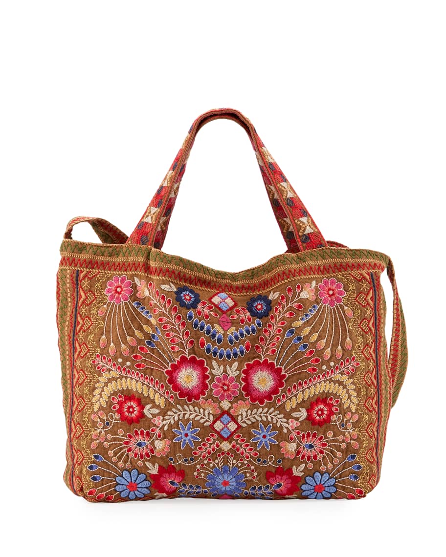 Johnny Was Frederique Embroidered Heavy Linen Tote Bag | Neiman Marcus