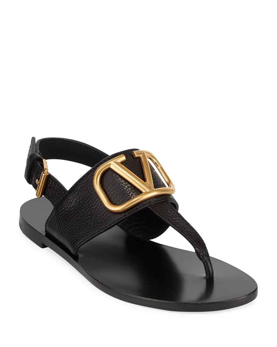 Valentino Garavani VLOGO Flat Leather Thong Sandals | Neiman Marcus