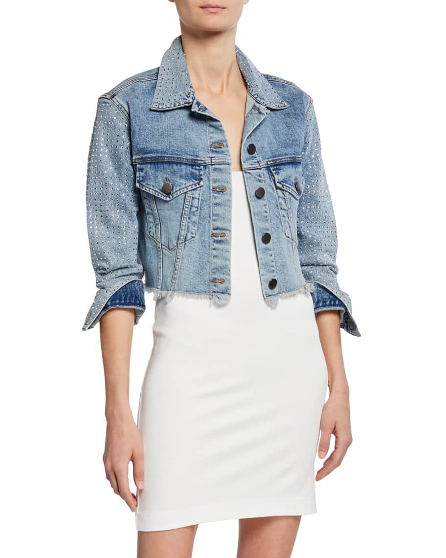 ALICE + OLIVIA JEANS Boxy Cropped Denim Jacket with Crystals