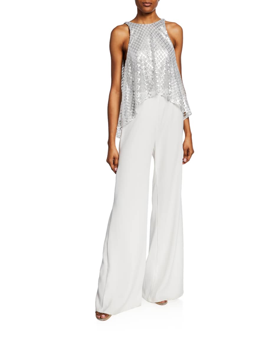 SHO Sleeveless Wide-Leg Jumpsuit with Sequin Top & Crepe Bottom ...