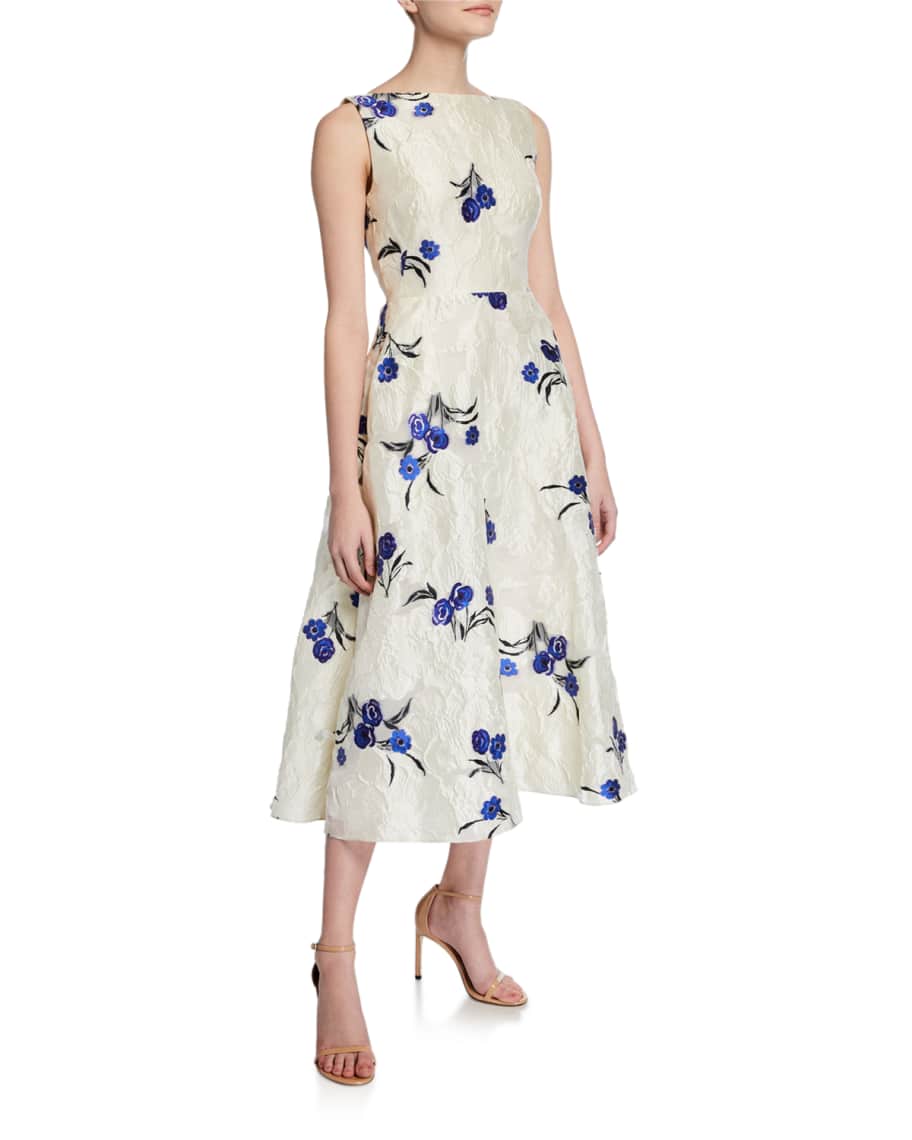 Lela Rose Floral Jacquard Boat-Neck Full Skirt Dress | Neiman Marcus