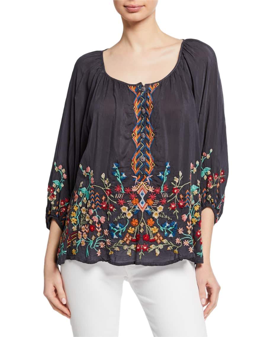 Johnny Was Plus Size Sarah Embroidered Scoop-Neck 3/4-Sleeve Georgette ...