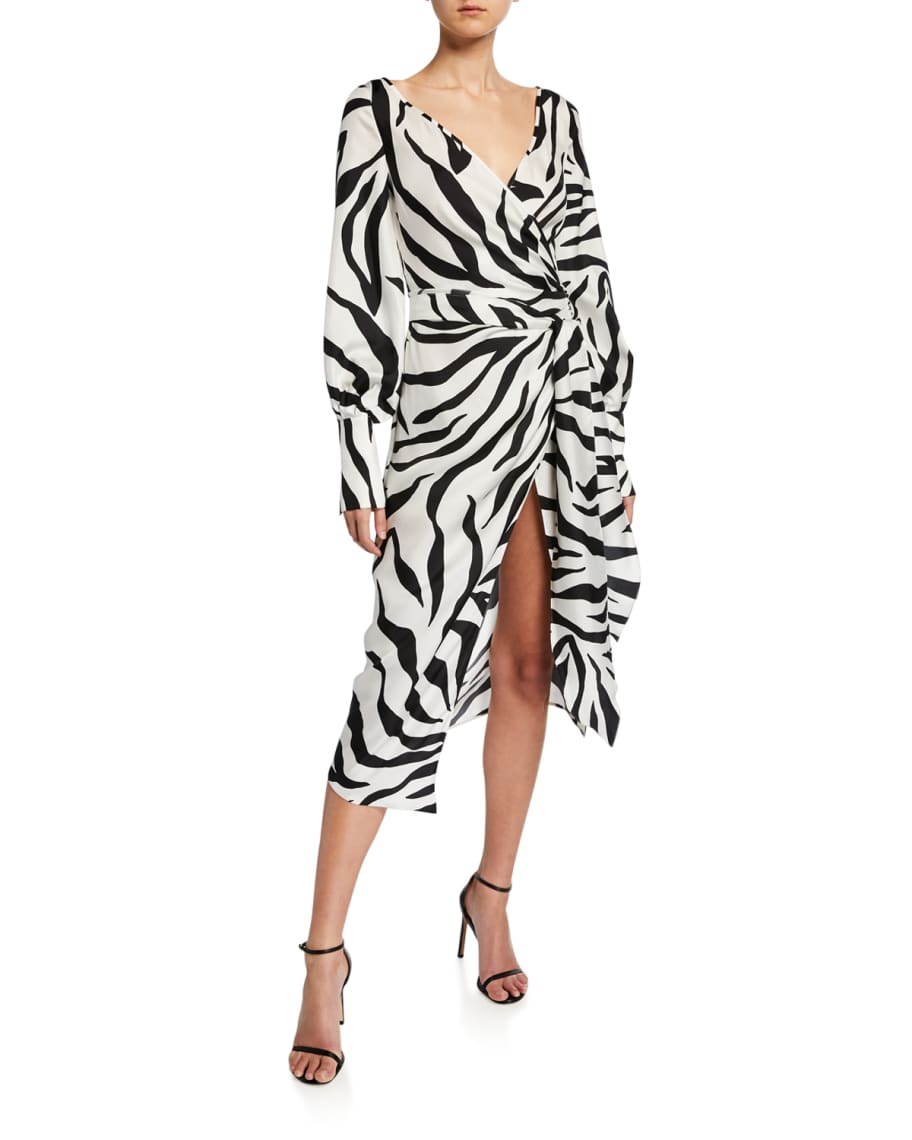 Oscar de la Renta Zebra-Print Crossover V-Neck Dress | Neiman Marcus
