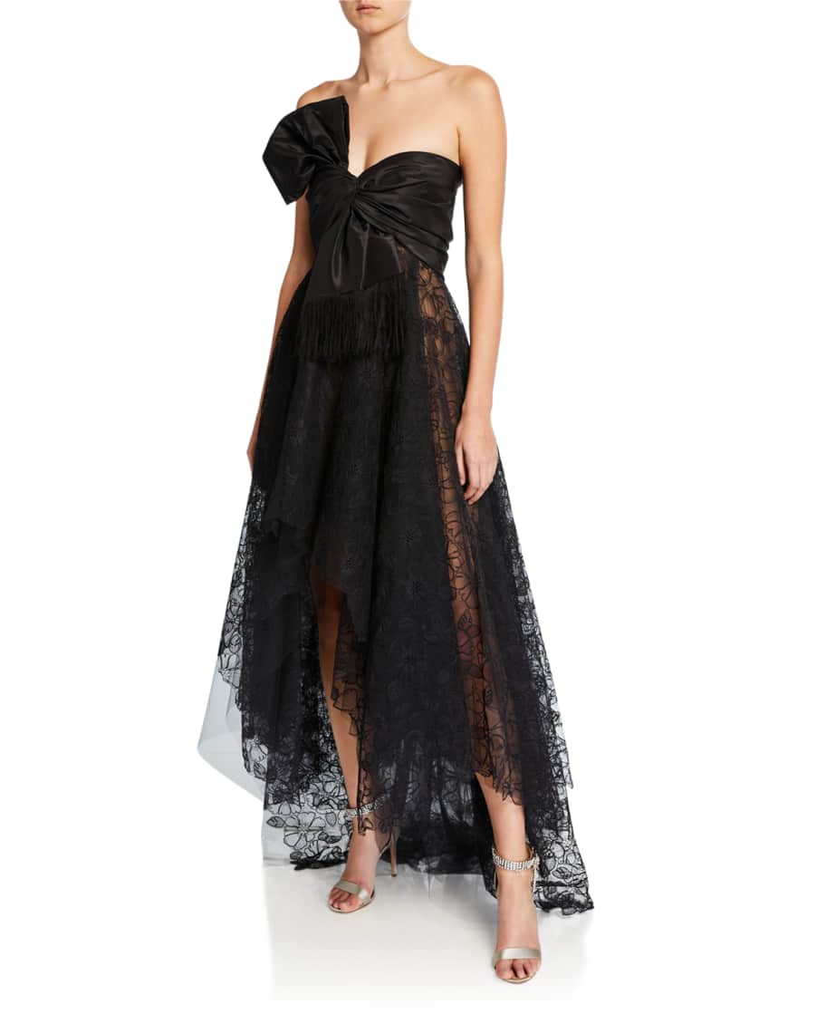 Oscar de la Renta Strapless Corded Peony Lace Bow Gown | Neiman Marcus