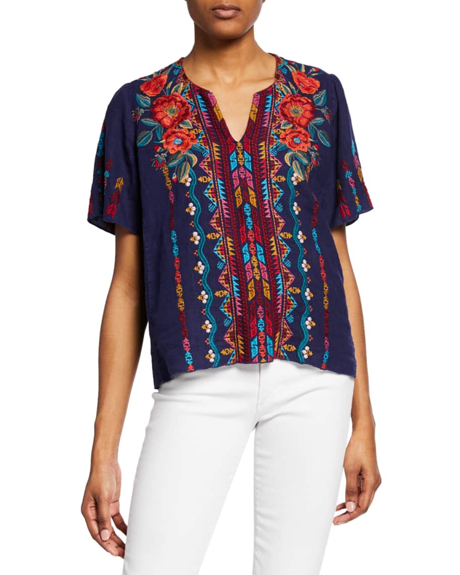 Johnny Was Ornelia Embroidered Short Sleeve Linen Top Neiman Marcus