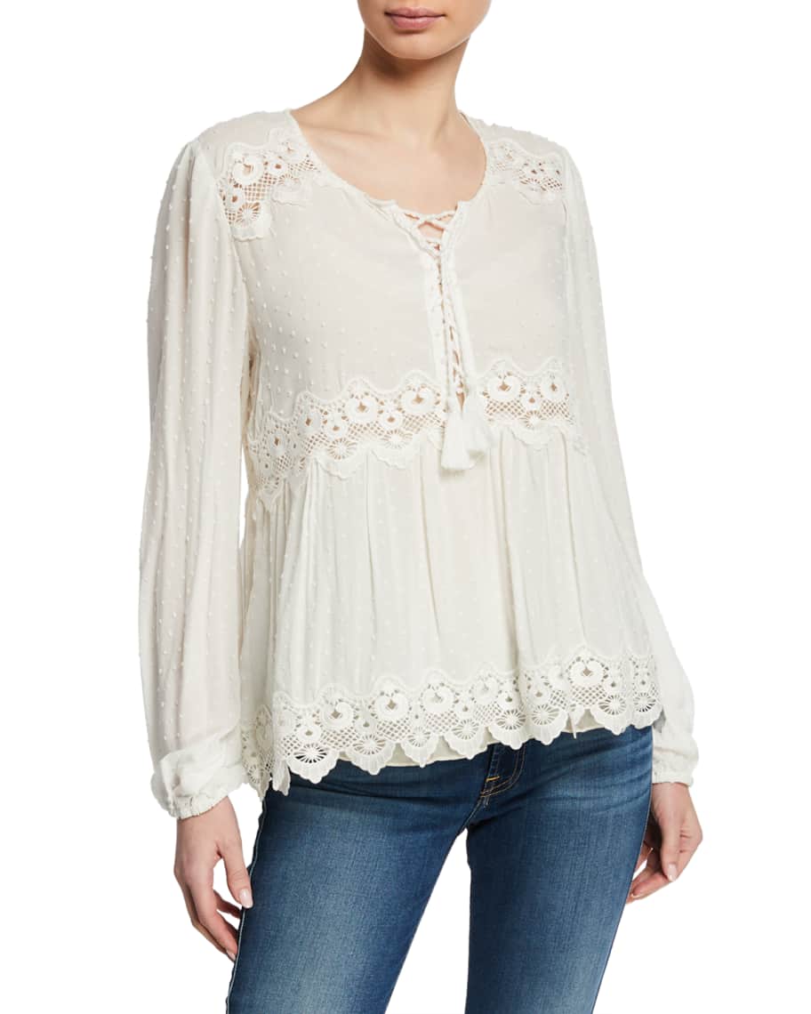 Johnny Was Mikala Raised Dot Lace-Up Front Long-Sleeve Blouse | Neiman ...
