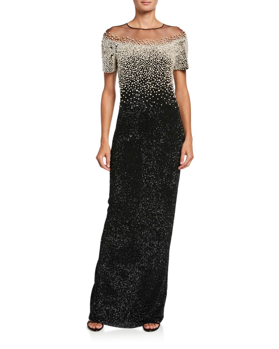 Pamella Roland Pearl-Embroidered Shimmer Column Gown | Neiman Marcus