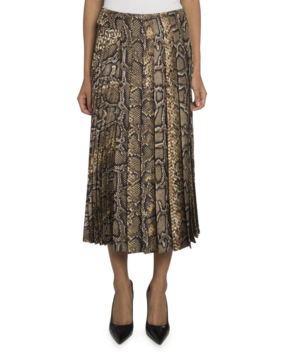 Snake Print Pleated Silk Skirt