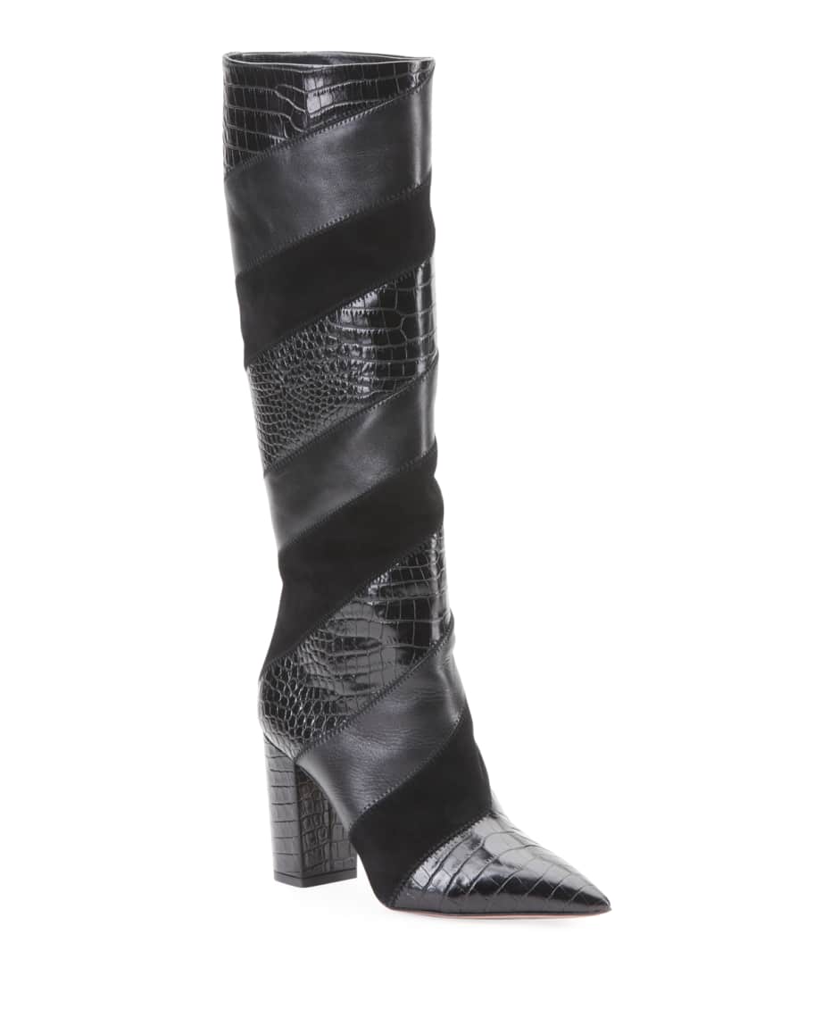 Aquazzura Boetti Croc-Embossed Mixed Leather Knee Boots | Neiman Marcus