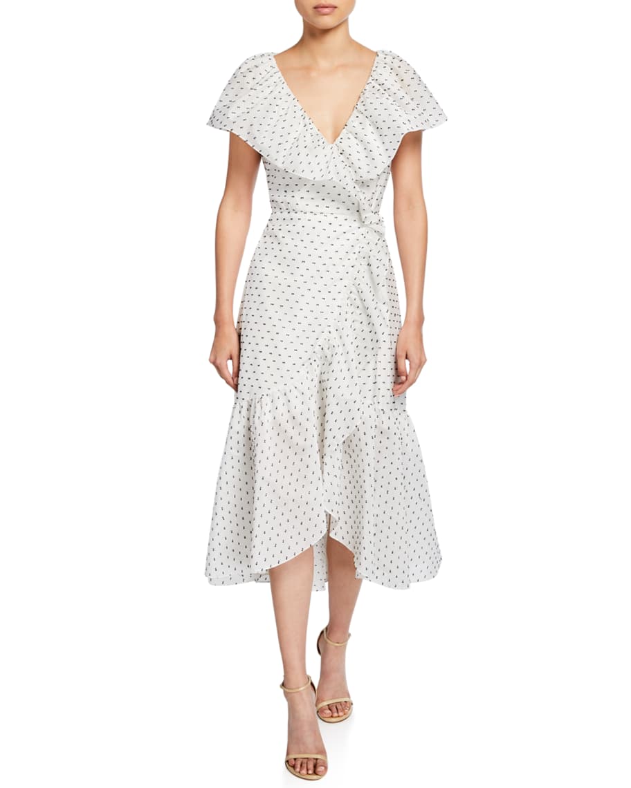 Rebecca Taylor Birdseye Dot Clip Ruffle Midi Dress | Neiman Marcus