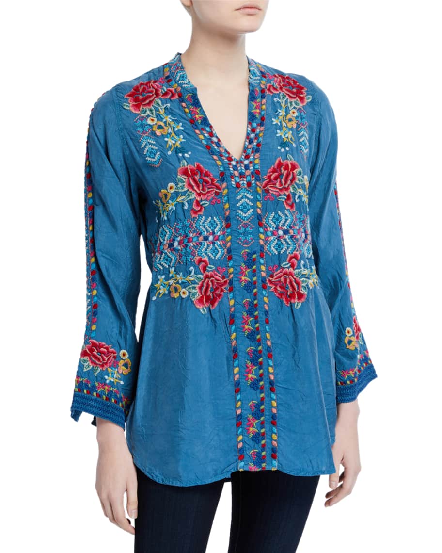 Johnny Was Ligia Embroidered Long Blouse | Neiman Marcus