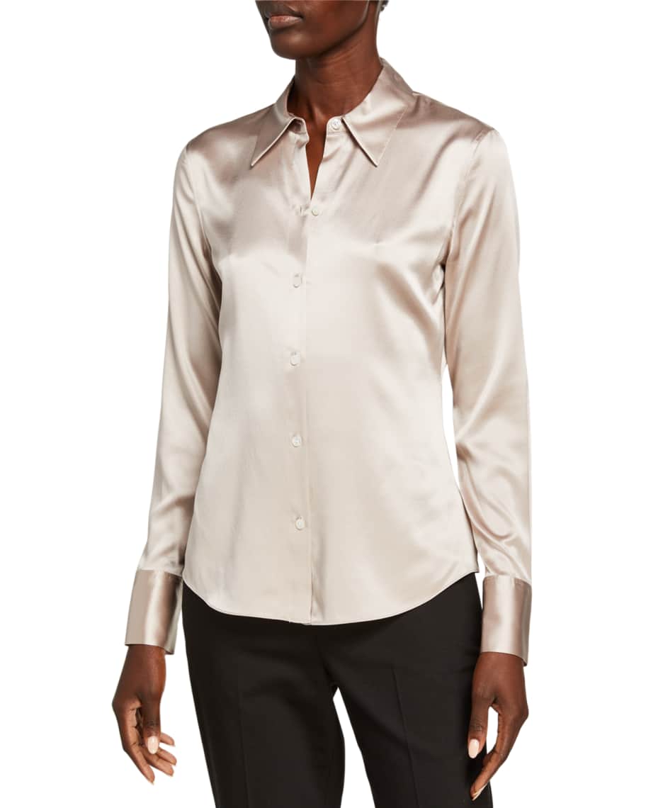 Theory Perfect Fitted Stretch Silk Satin Button-Down Shirt | Neiman Marcus