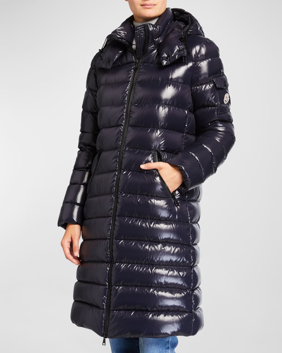 Moncler moka shiny fitted puffer coat with hood sales