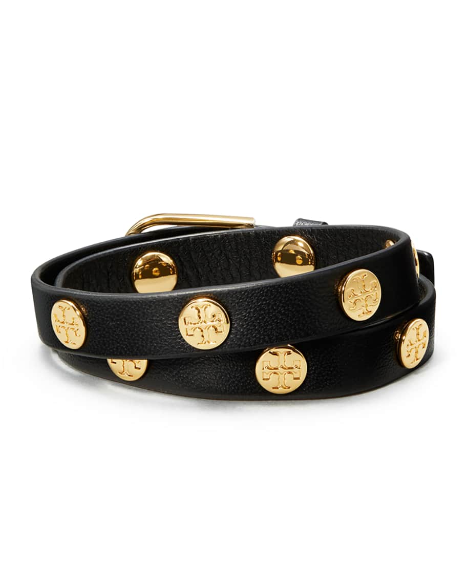 Tory Burch Leather Logo-Stud Double-Wrap Bracelet | Neiman Marcus