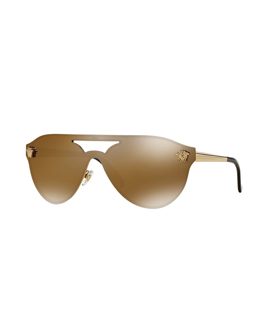 Versace Mirrored Shield Brow-bar Sunglasses In Gold/brown
