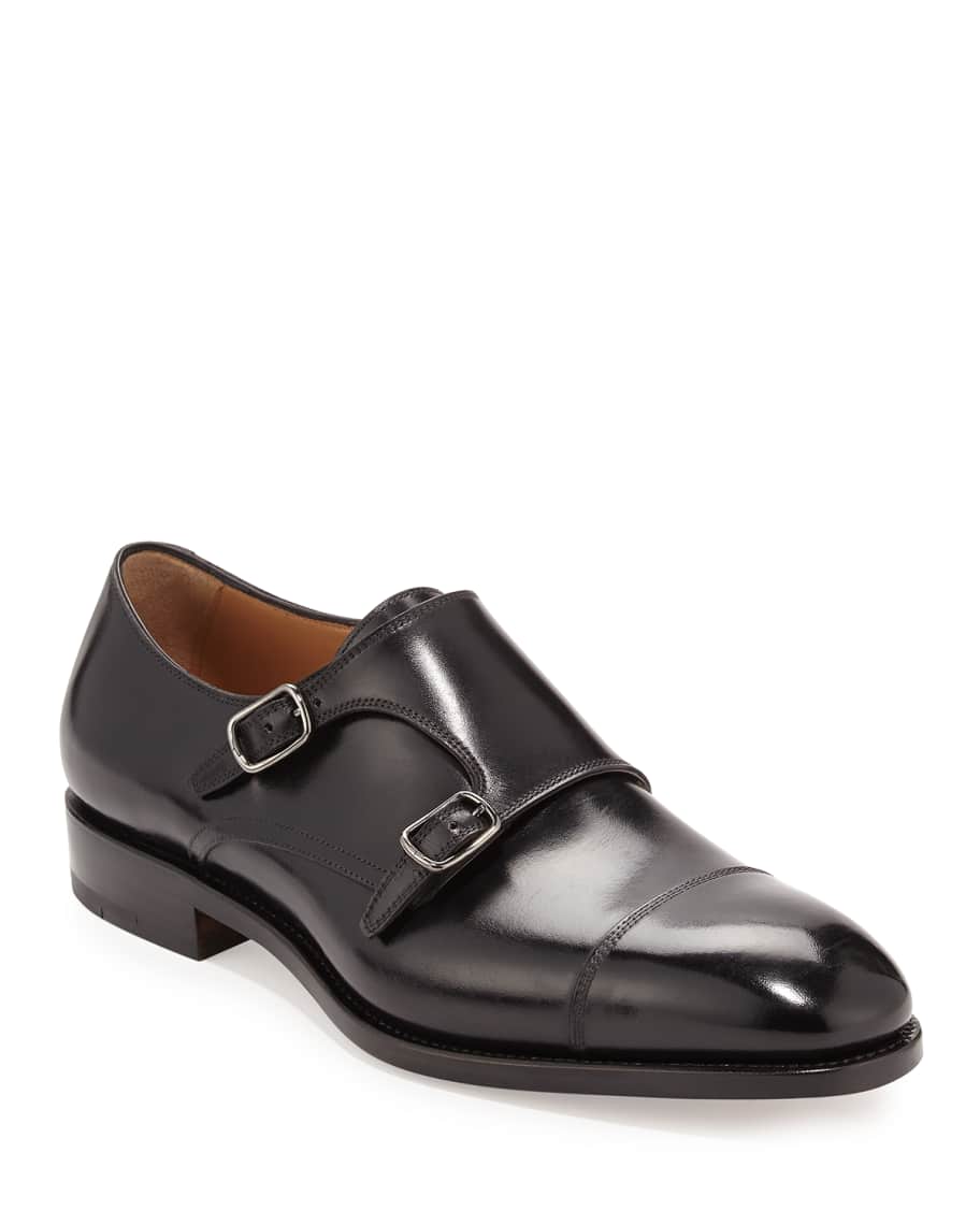 Ferragamo Men's Tramezza Calfskin Double-Monk Shoe, Black | Neiman