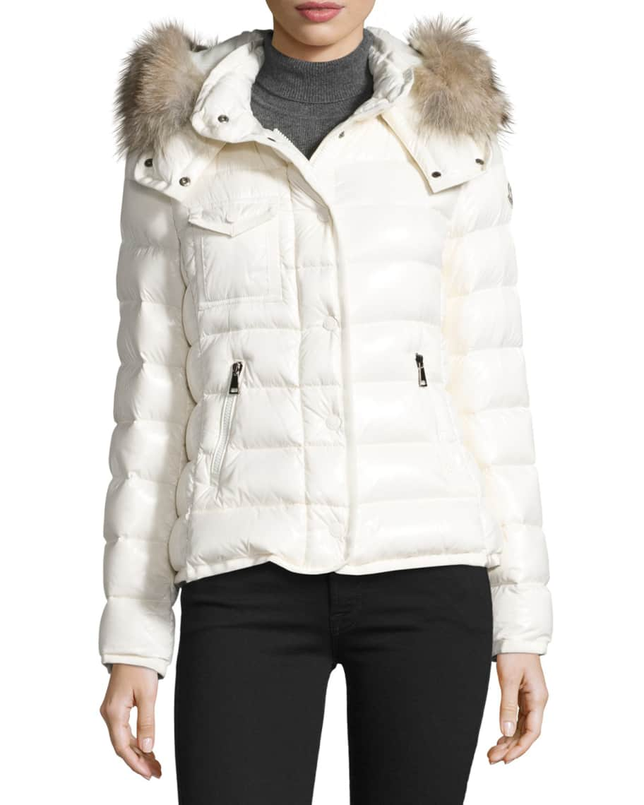 Moncler Armoise Shiny Quilted Jacket w/Fur Hood | Neiman Marcus