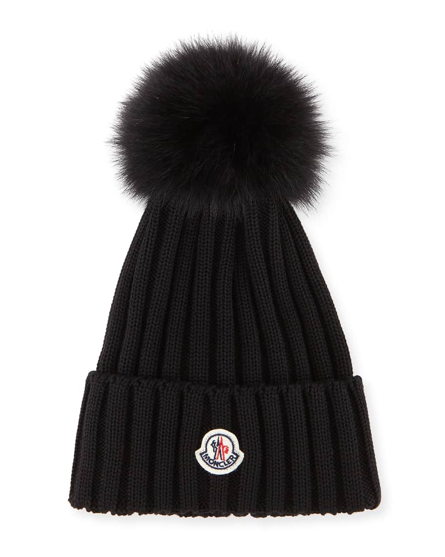 Moncler Ribbed-Knit Beanie w/Fur Black | Neiman Marcus