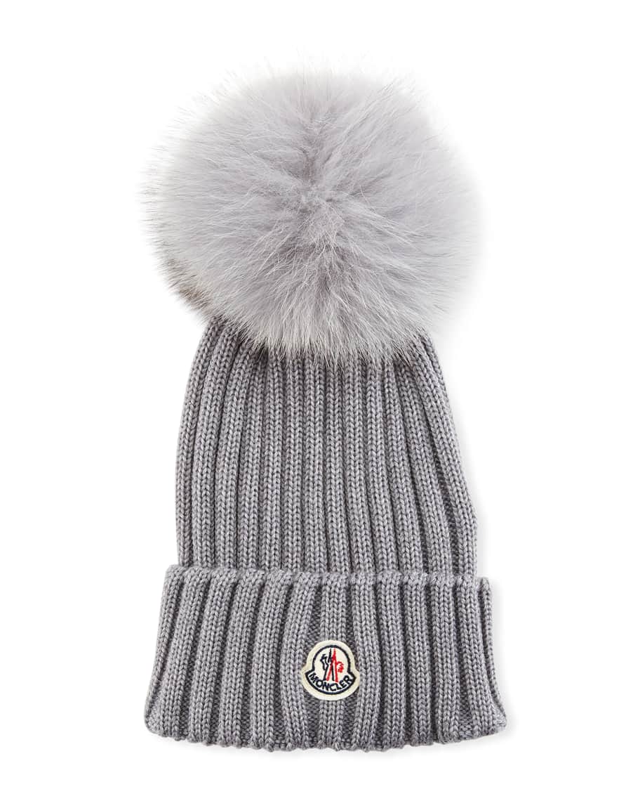 Moncler Ribbed-Knit Beanie Hat w/Fur Pompom, Black | Neiman Marcus