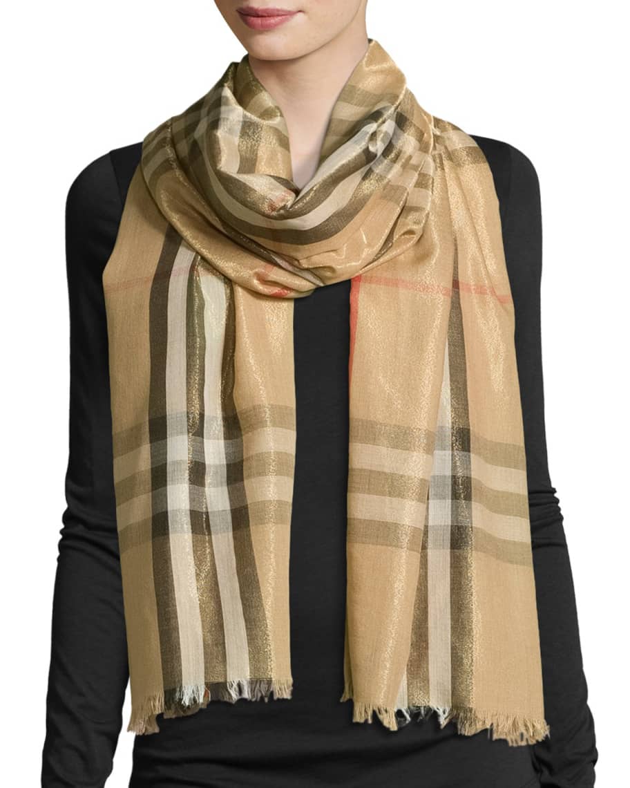 Burberry Metallic Gauze Giant Check Scarf, Camel/Gold | Neiman Marcus