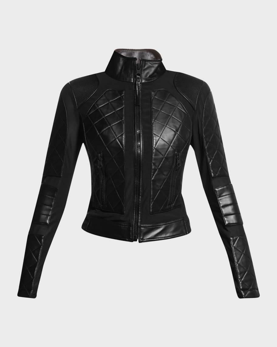 Leather biker jacket with mini monogram print brown - Men