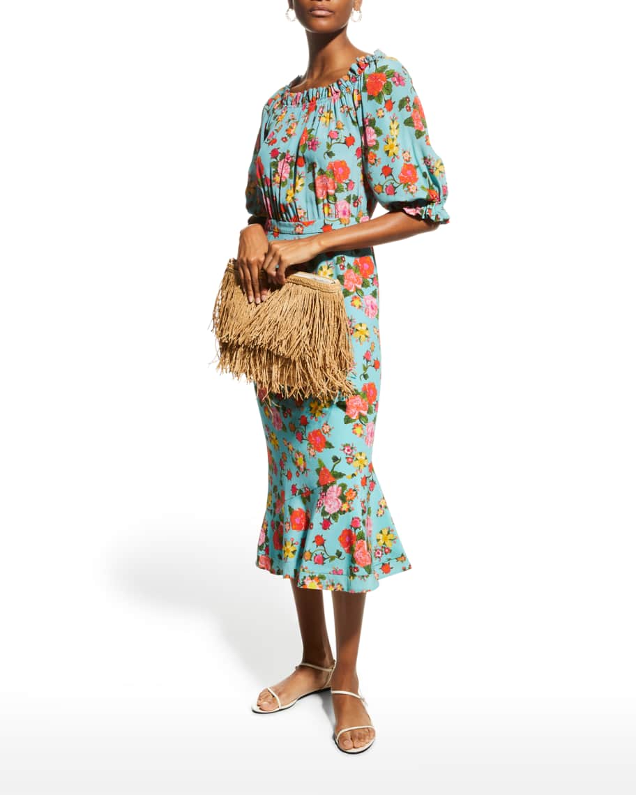 Saloni Grace Midi Floral Stripe-Print Dress | Neiman Marcus
