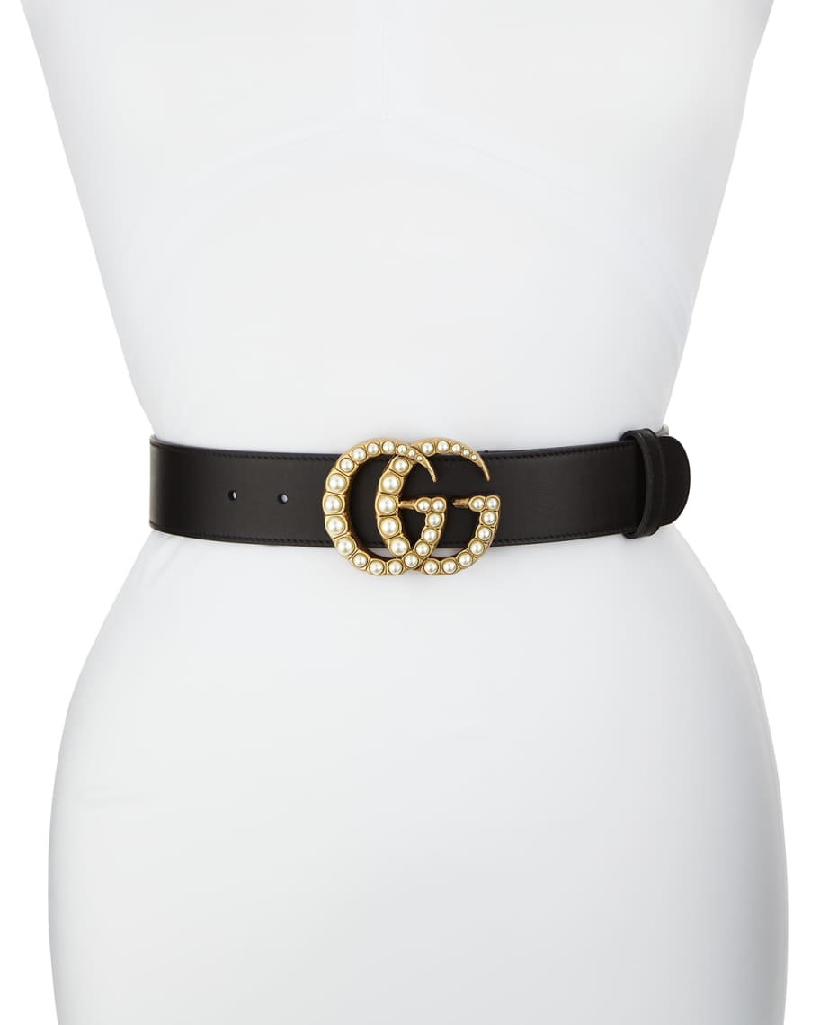 Gucci Smooth Leather Belt w/ Pearlescent Beads, Black | Neiman Marcus