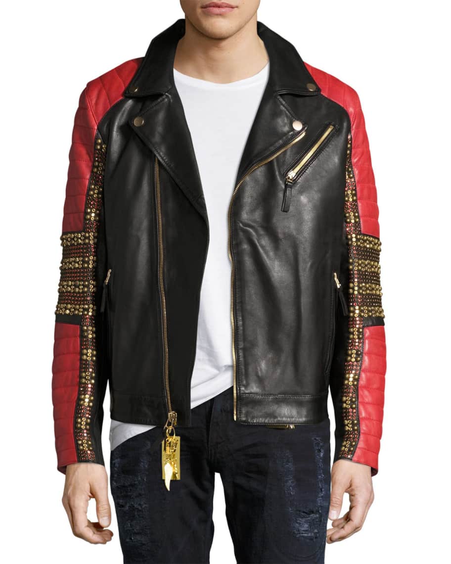 Robin s Jeans Embellished Leather Motorcycle Jacket Neiman Marcus