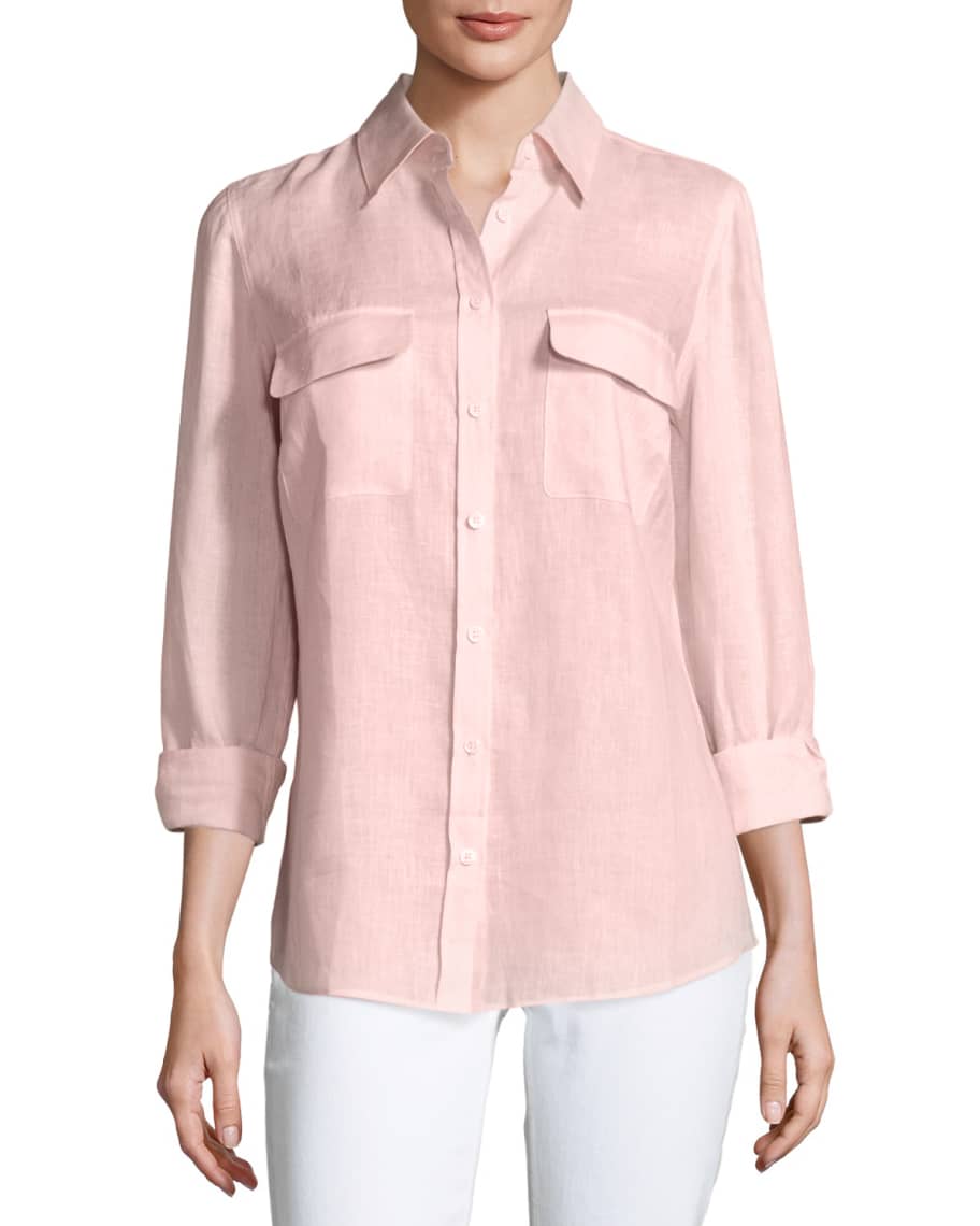 Go Silk Petite Long-Sleeve Button-Front Linen Top | Neiman Marcus