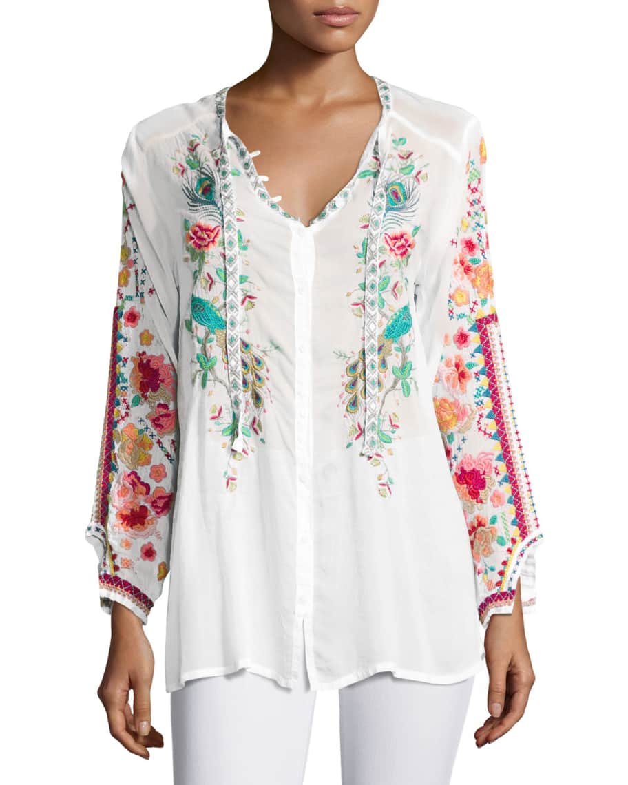 Johnny Was Petite Peacock Embroidered Georgette Top | Neiman Marcus