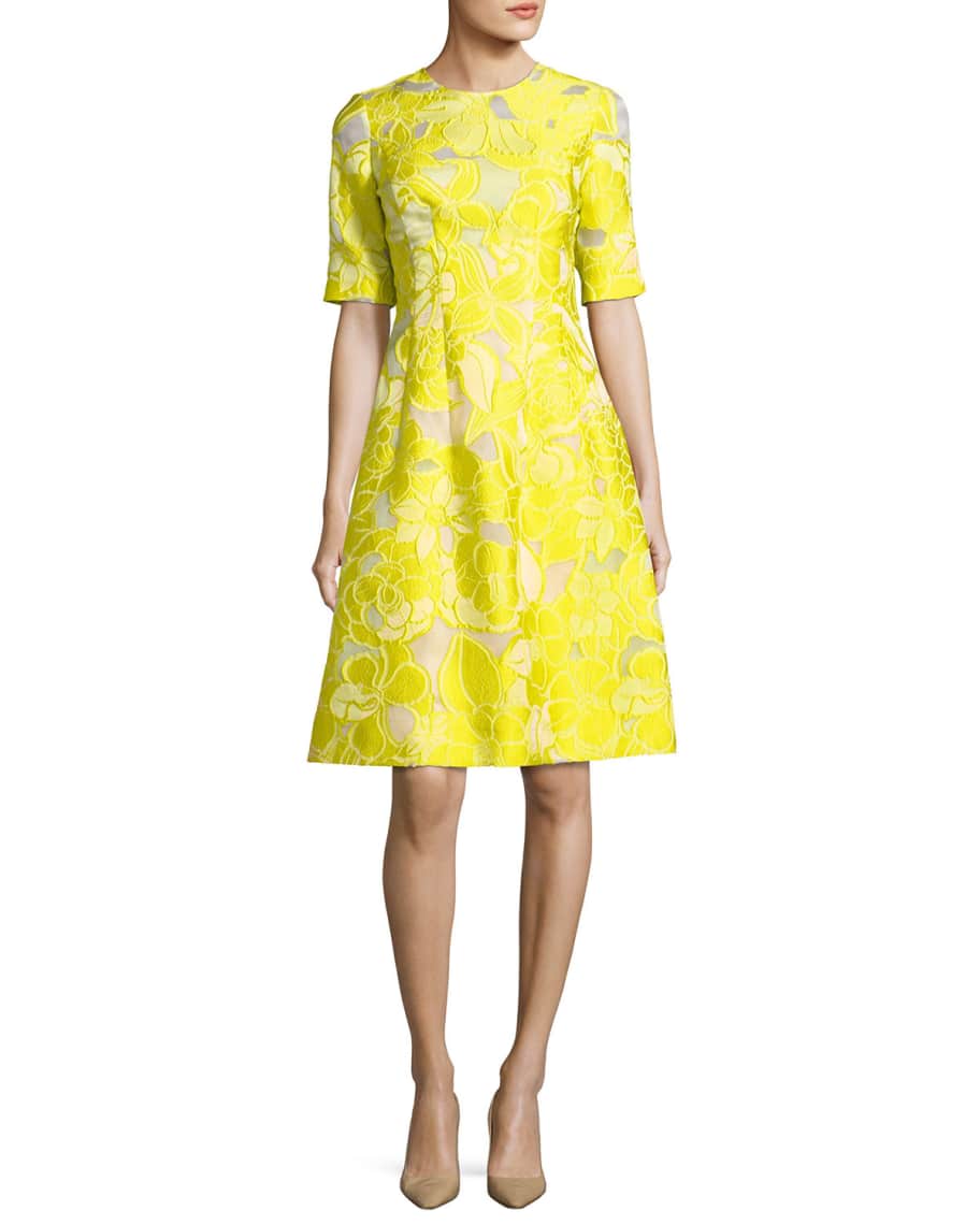 Lela Rose Floral Fil Coupe Half-Sleeve Dress | Neiman Marcus