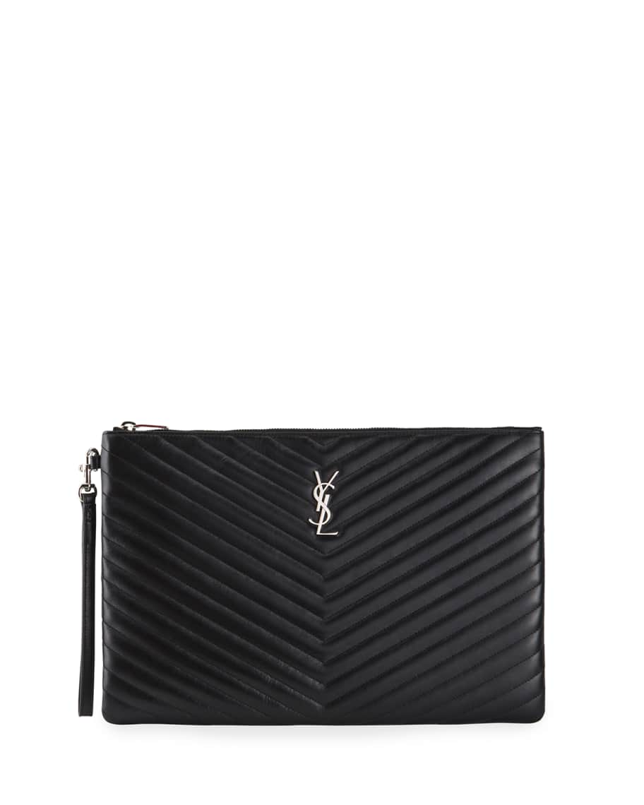 Saint Laurent Monogram Large Chevron Quilted Flat Wristlet Pouch