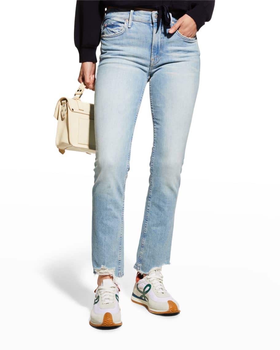 MOTHER The Flirt Fray Straight Cropped Jeans with Raw Hem Neiman
