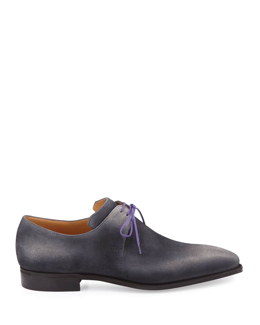 Corthay Arca Suede Derby Shoe with Flint Patina %26 Purple Piping, Grey ...