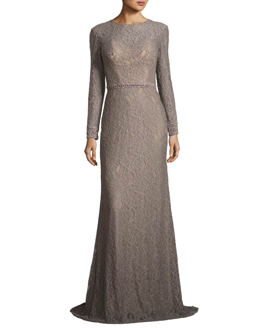 La Femme LongSleeve Floral Jacquard Gown, Silver Neiman Marcus