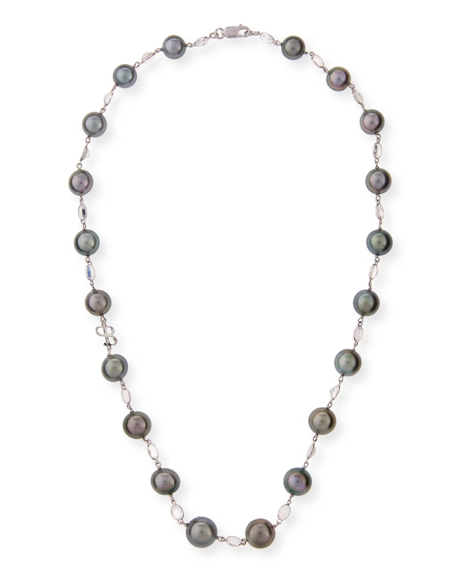 Belpearl Black Tahitian Pearl & Moonstone Station Necklace in 18K White