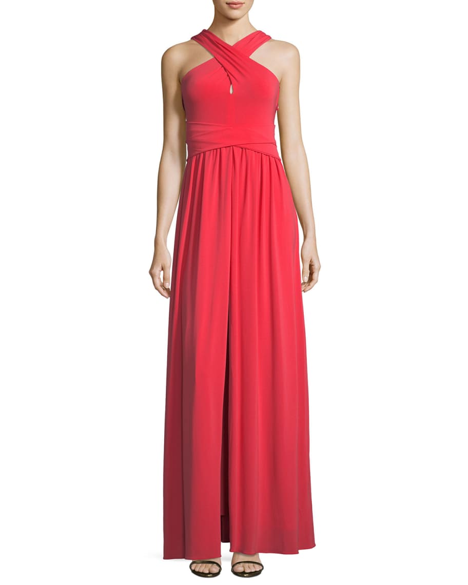 Halston Heritage Sleeveless Knotted Jersey Cross-Front Gown | Neiman Marcus