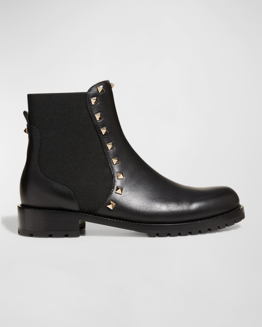 Valentino Garavani Rockstud Leather Boot, Black | Neiman Marcus