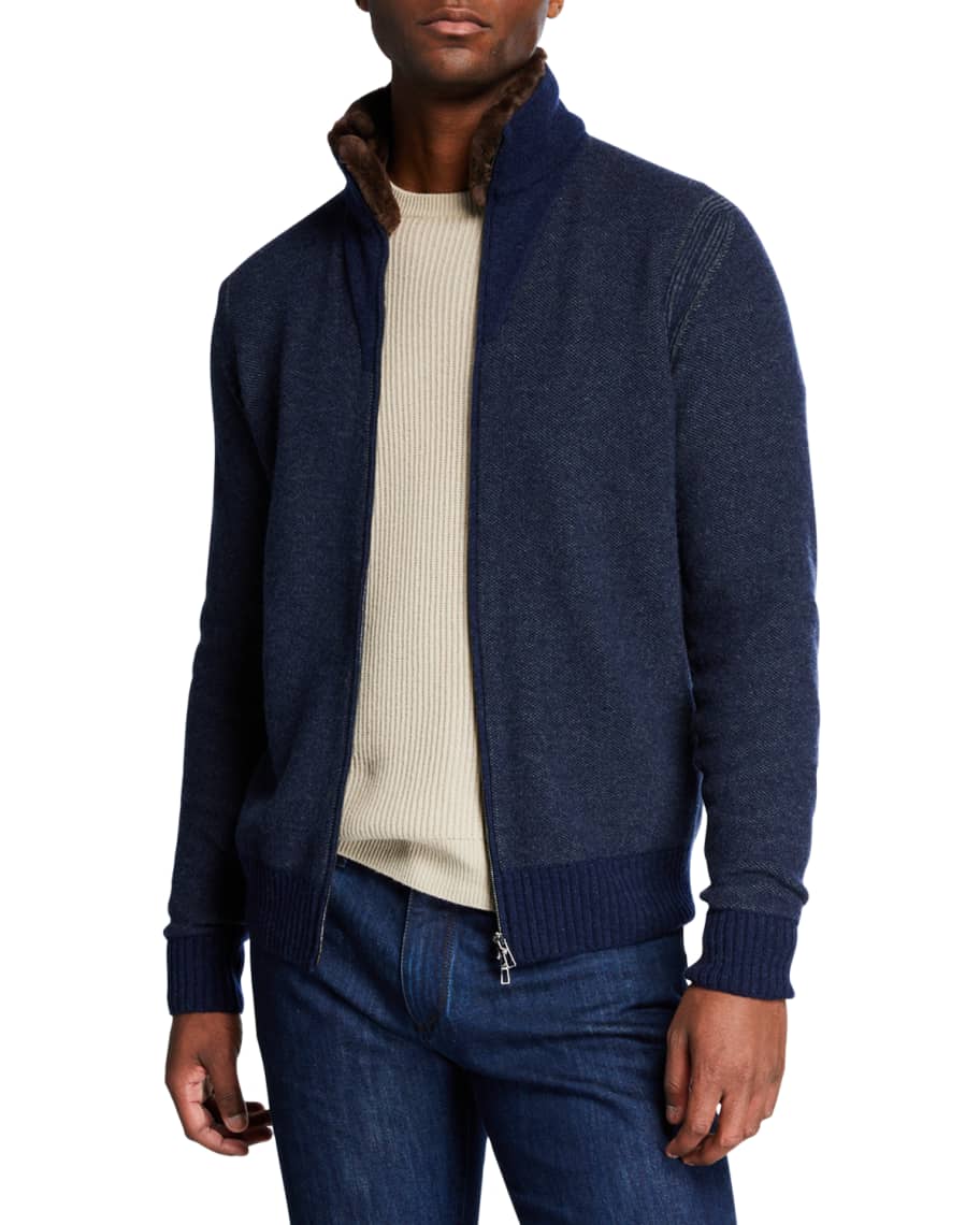 Loro Piana Men's Fur-Trim Cashmere Bomber Cardigan Sweater | Neiman Marcus