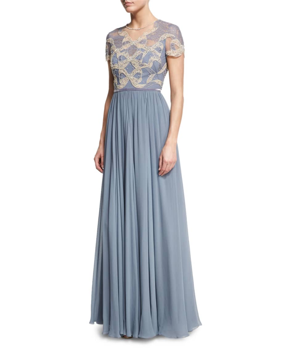 Jenny Packham Crystal-Beaded & Lace Short-Sleeve Gown | Neiman Marcus
