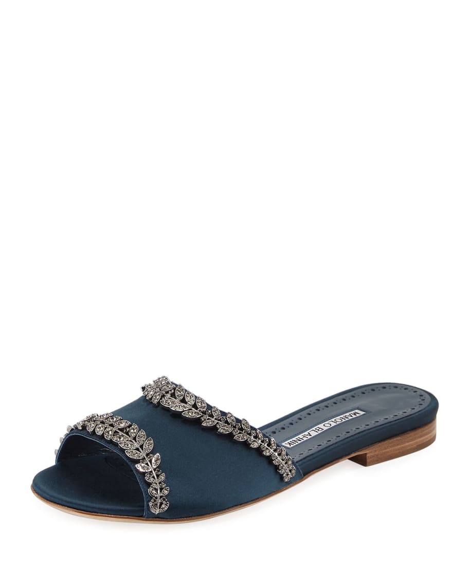 Manolo Blahnik Triunslo Embellished Satin Flat Slide Sandal | Neiman Marcus