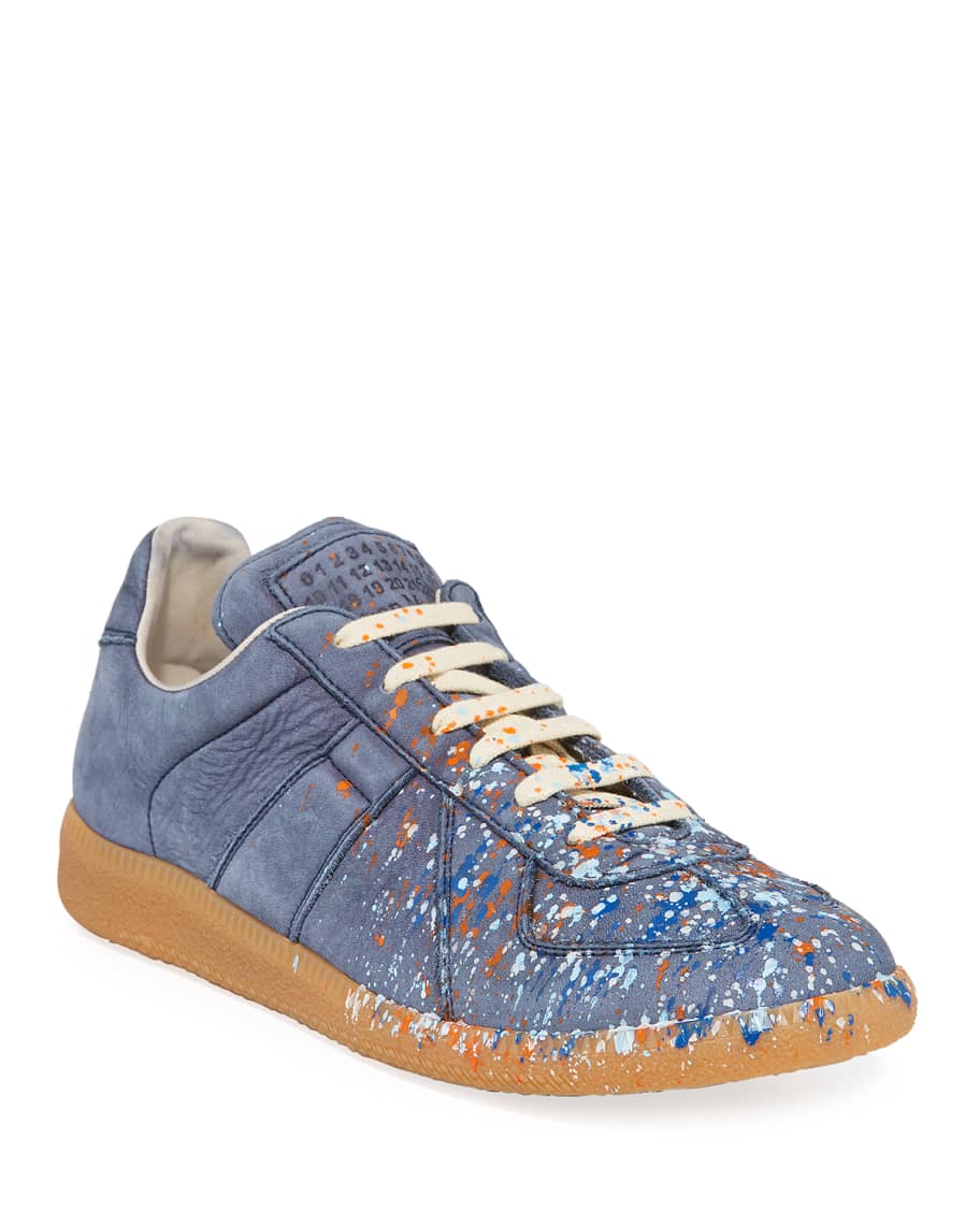 Margiela Replica Paint-Splatter Suede Sneakers, Blue | Marcus