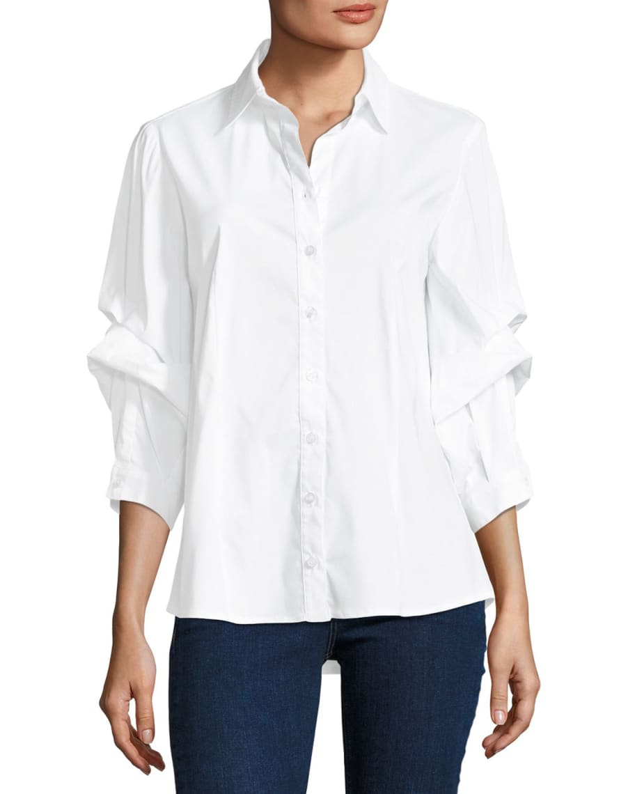 Finley Tess Holiday Dramatic-Sleeve Silky Poplin Shirt | Neiman Marcus